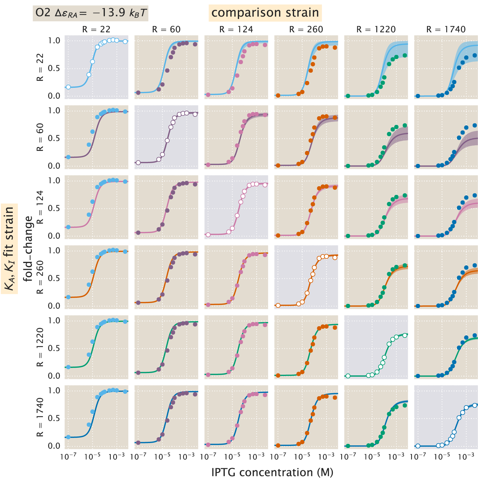 Figure 24: O2 strain fold-change predictions based on strain-specific parameter estimation of \boldsymbol{K_A} and \boldsymbol{K_I}. Fold-change in expression is plotted as a function of IPTG concentration for all strains containing an O2 operator. The plots and data shown are analogous to Fig. 23, but for the O2 operator.