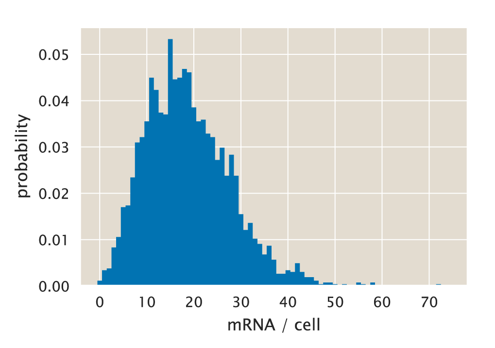 Figure 1: lacUV5 mRNA per cell distribution. Data from  [4] of the unregulated lacUV5 promoter as inferred from single-molecule mRNA FISH. The Python code (ch5_fig01.py) used to generate this figure can be found on the original paper’s GitHub repository.