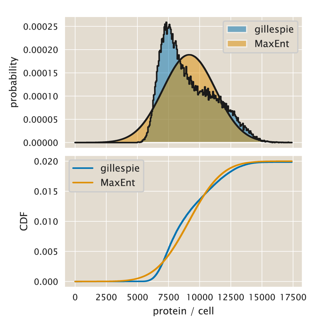 Figure 23: Comparison of protein distributions. Comparison of the protein distribution generated with Gillespie stochastic simulations (blue curve) and the maximum entropy approach (orange curve). The upper panel shows the probability mass function. The lower panel compares the cumulative distribution functions. The Python code (ch5_fig23.py) used to generate this figure can be found on the original paper’s GitHub repository.