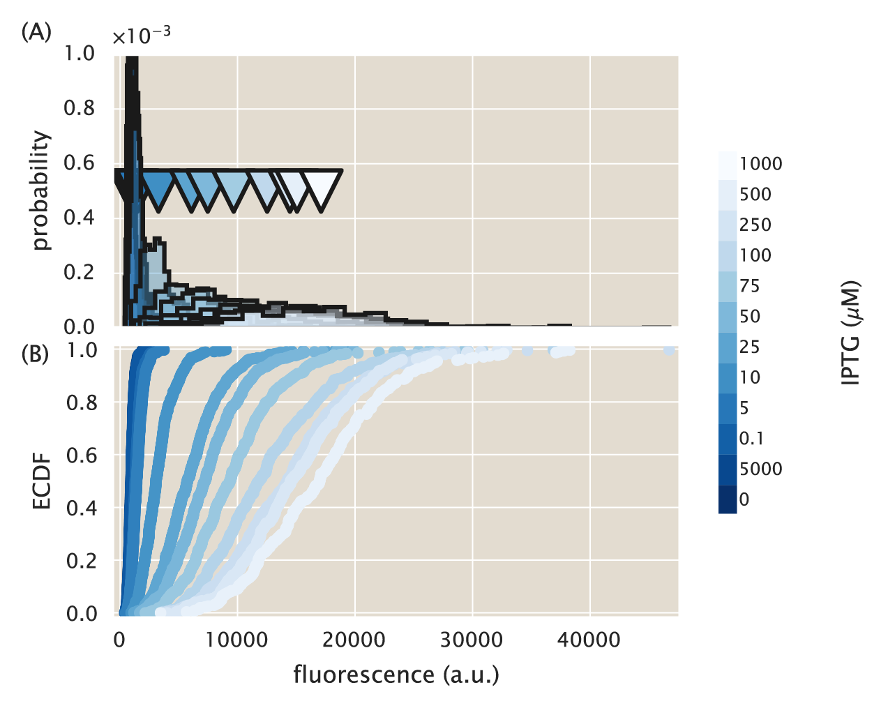 Figure 24: Single-cell fluorescence distributions for different inducer concentrations. Fluorescence distribution histogram (A) and cumulative distribution function (B) for a strain with 260 repressors per cell and a binding site with binding energy \Delta\varepsilon_r = -13.9\; k_BT. The different curves show the single-cell fluorescence distributions under the 12 different IPTG concentrations used throughout this work. The triangles in (A) show the mean of each of the distributions. The Python code (ch5_fig24.py) used to generate this figure can be found on the original paper’s GitHub repository.